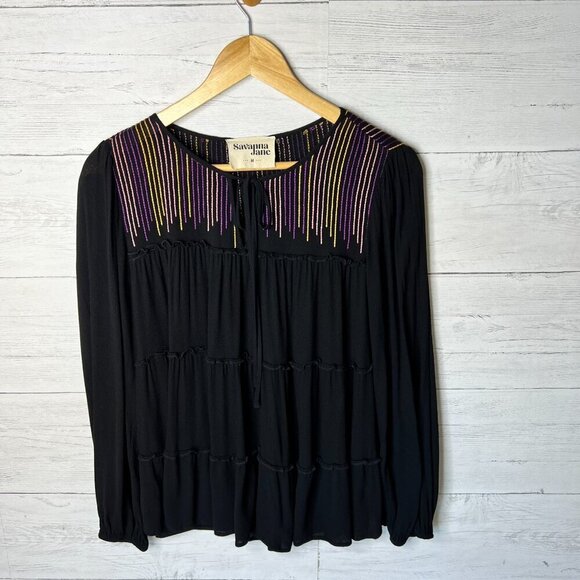 Savanna Jane Blouse Womens Size Medium Black Tiered Colorful Embroidered Stripes - Picture 3 of 15